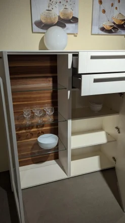 Highboard Bellano Lack Seidenmatt Weiß Rückwand Nussbaum Natur