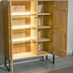 Highboard Contur Mileto Asteiche Gebürstet Natur Geölt Holzrahementür Mit Glas Links Inklusive Beleuchtung