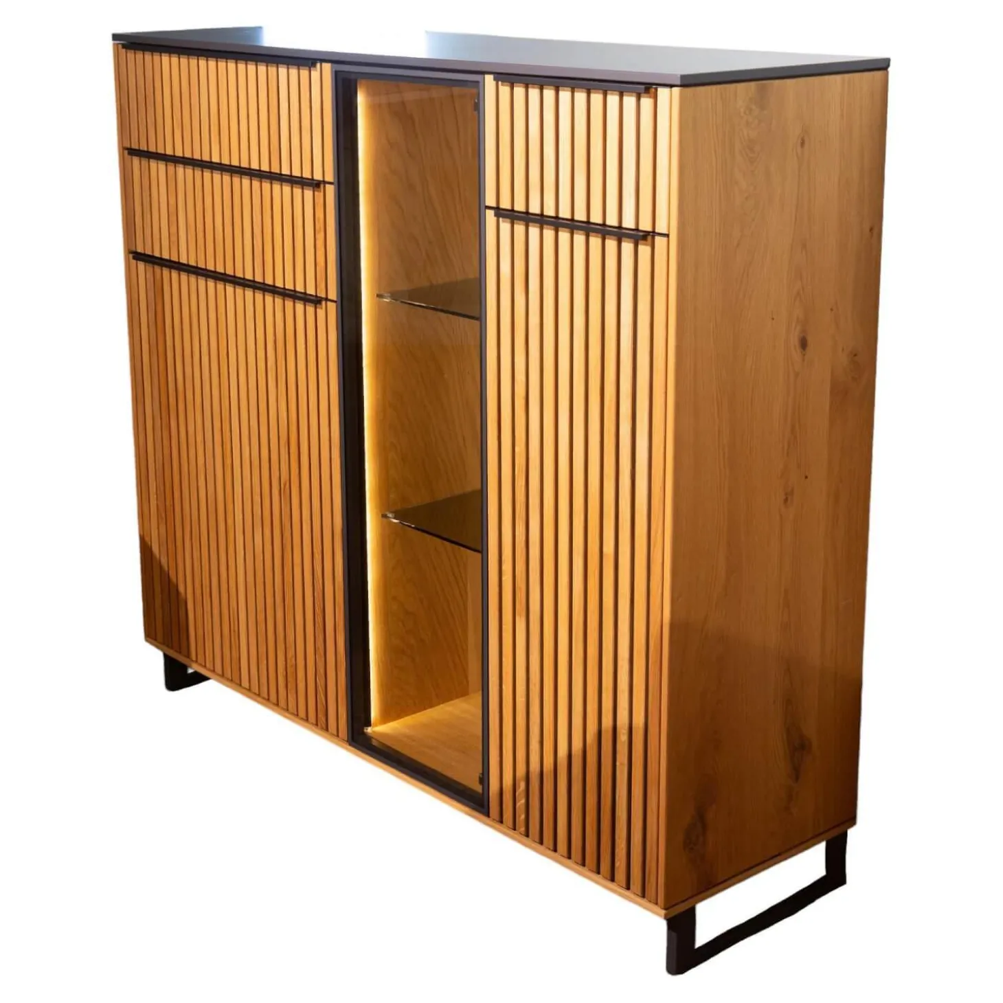 Highboard CRF Stav Asteiche Hell Massiv Geölt Metallkufen Alugriffleisten Schieferschwarz Mit Beleuchtung