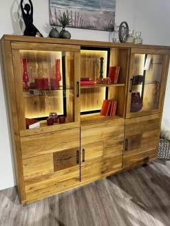 Highboard Hartford Eiche Natur Geölt Rückwand Massiv Sandgestrahlt Inklusive Beleuchtung