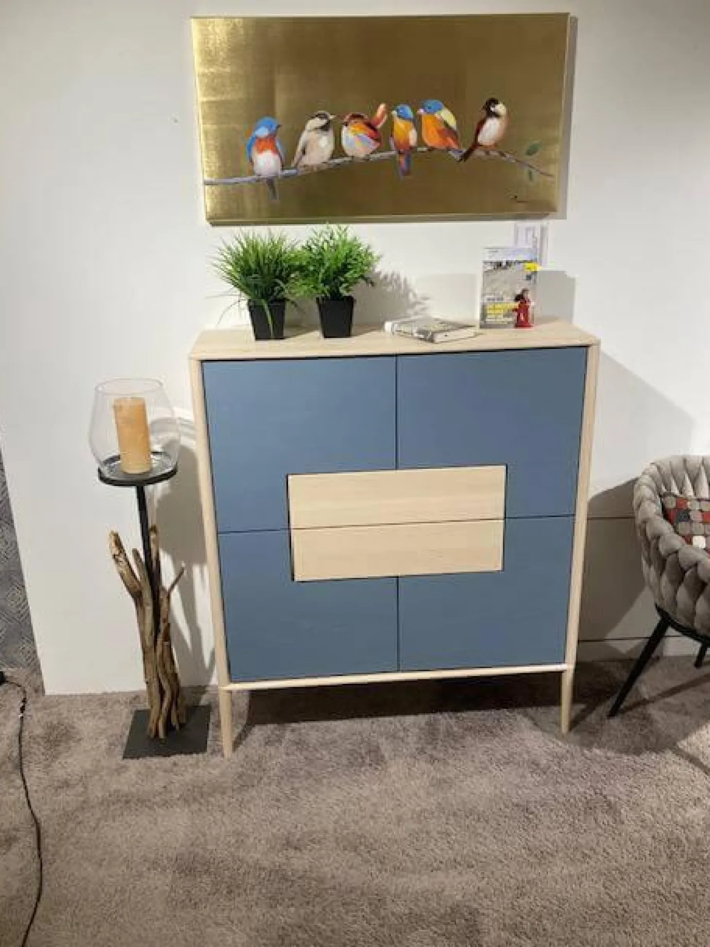 Highboard Juna Esche Massiv Gebürstet Weiß Geölt Und Lack Blaugrau Mit Holzstruktur