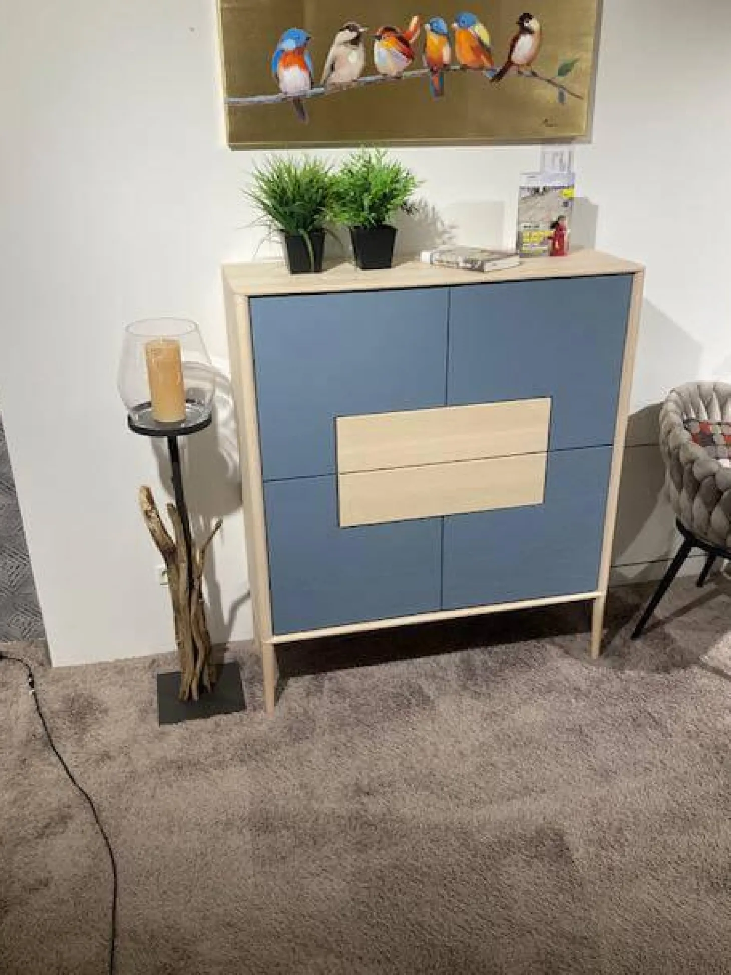 Highboard Juna Esche Massiv Gebürstet Weiß Geölt Und Lack Blaugrau Mit Holzstruktur