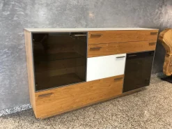 Highboard Kitzalm Montana Kernasteiche Natur Gebürstet Akzent Satinglas Snow Grau