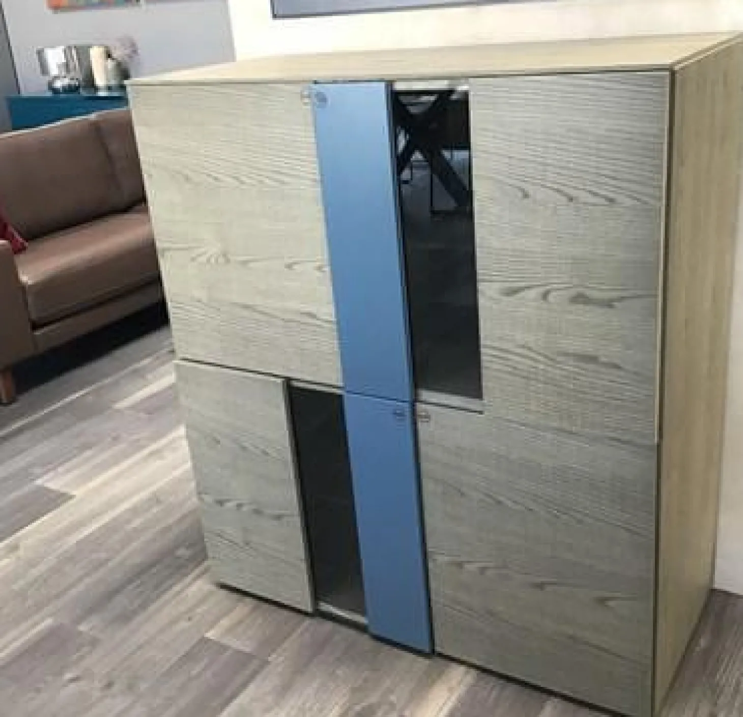 Highboard Madia Korpus Eiche Basalt Antik-Look Einlagen Aus Glas