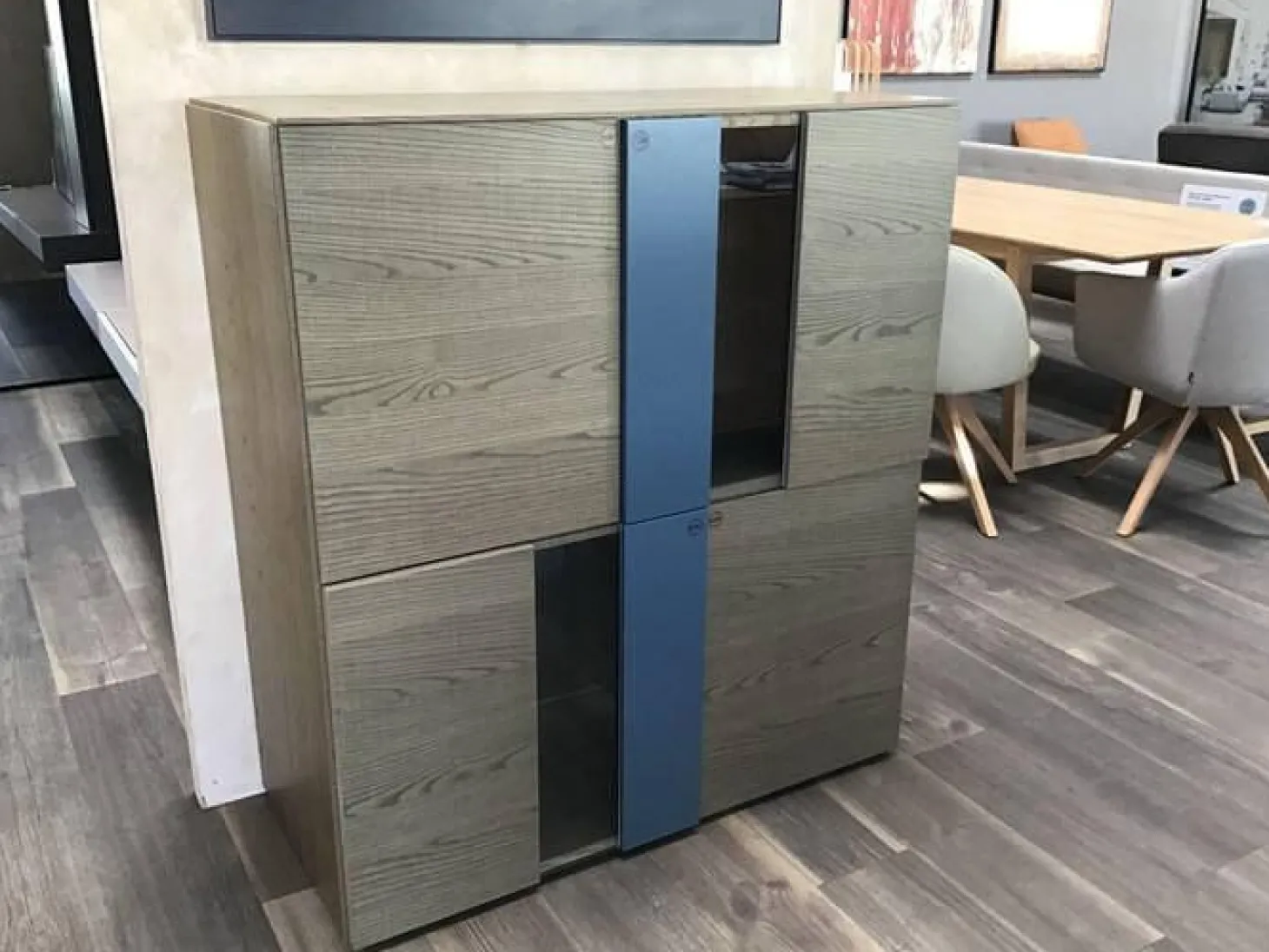 Highboard Madia Korpus Eiche Basalt Antik-Look Einlagen Aus Glas