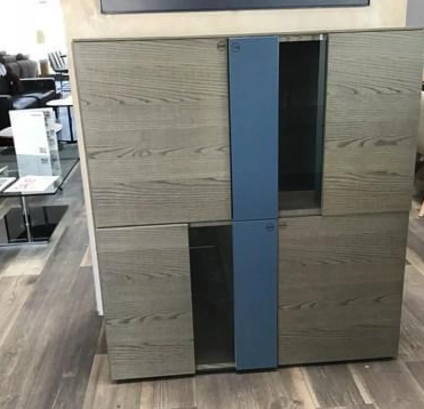 Highboard Madia Korpus Eiche Basalt Antik-Look Einlagen Aus Glas