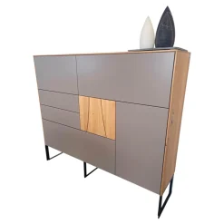 Highboard Mileto Front Mattlack Steingrau Grau Korpus Asteiche Massiv Gebürstet Natur Geölt Kufengestell Schwarz Matt