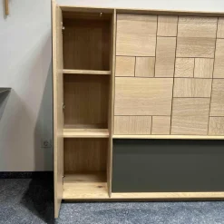 Highboard Murano Wildeiche massiv mit Glaselementen in grau