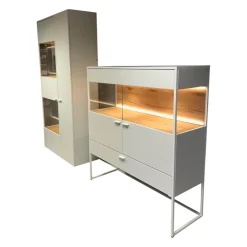Highboard Plan X6 Lack Kristallweiß Wildeiche Hell Soft Gebürstet Geölt mit Vitrine