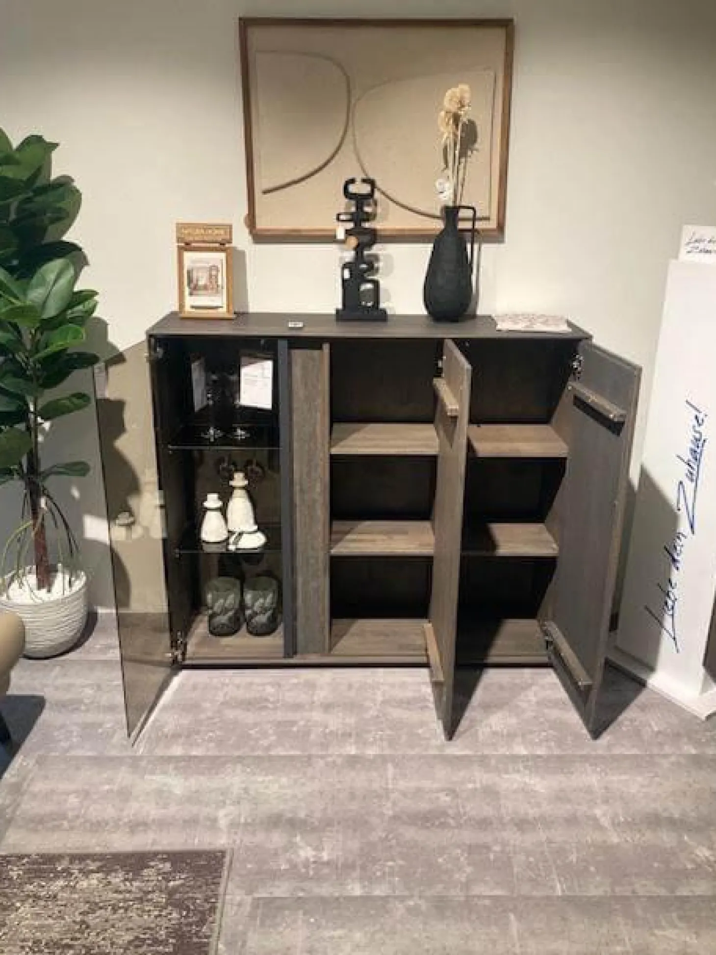 Highboard Saratoga Buche Massiv Geölt Silbergrau Grau Braun Inklusive Beleuchtung