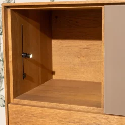 Highboard Set Puro Syle 460 Asteiche Gebürstet Barrique Geölt Farbglas Steingrau Sockel Metallrahmen Schwarz Inklusive LED Beleuchtung Ohne Links Highboard