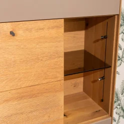 Highboard Set Puro Syle 460 Asteiche Gebürstet Barrique Geölt Farbglas Steingrau Sockel Metallrahmen Schwarz Inklusive LED Beleuchtung Ohne Links Highboard