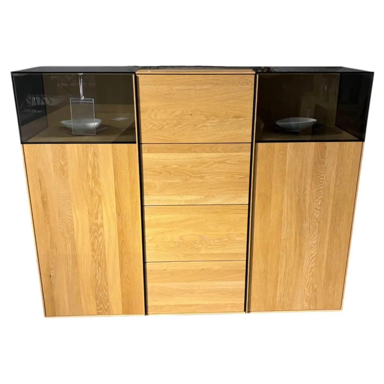 Highboard Terso Rustikale Asteiche Bianco Massiv Geölt Glas Dunkel Mit LED Beleuchtung