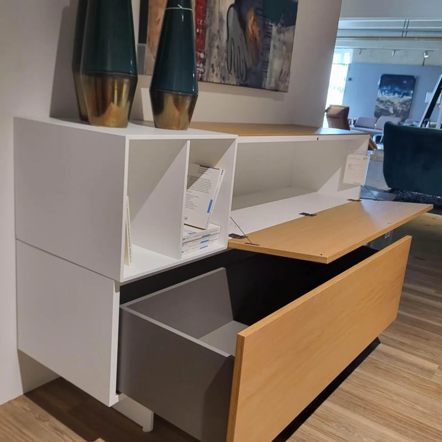 Highboard Wallover Eiche Echtholz Lack Matt Nero Stout Untergestell Metall