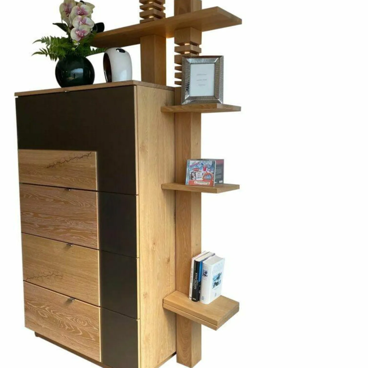 Highboard Waltrop Rustikale Asteiche Bianco Absetzung Glas Matt Bronze Mit Beleuchtung