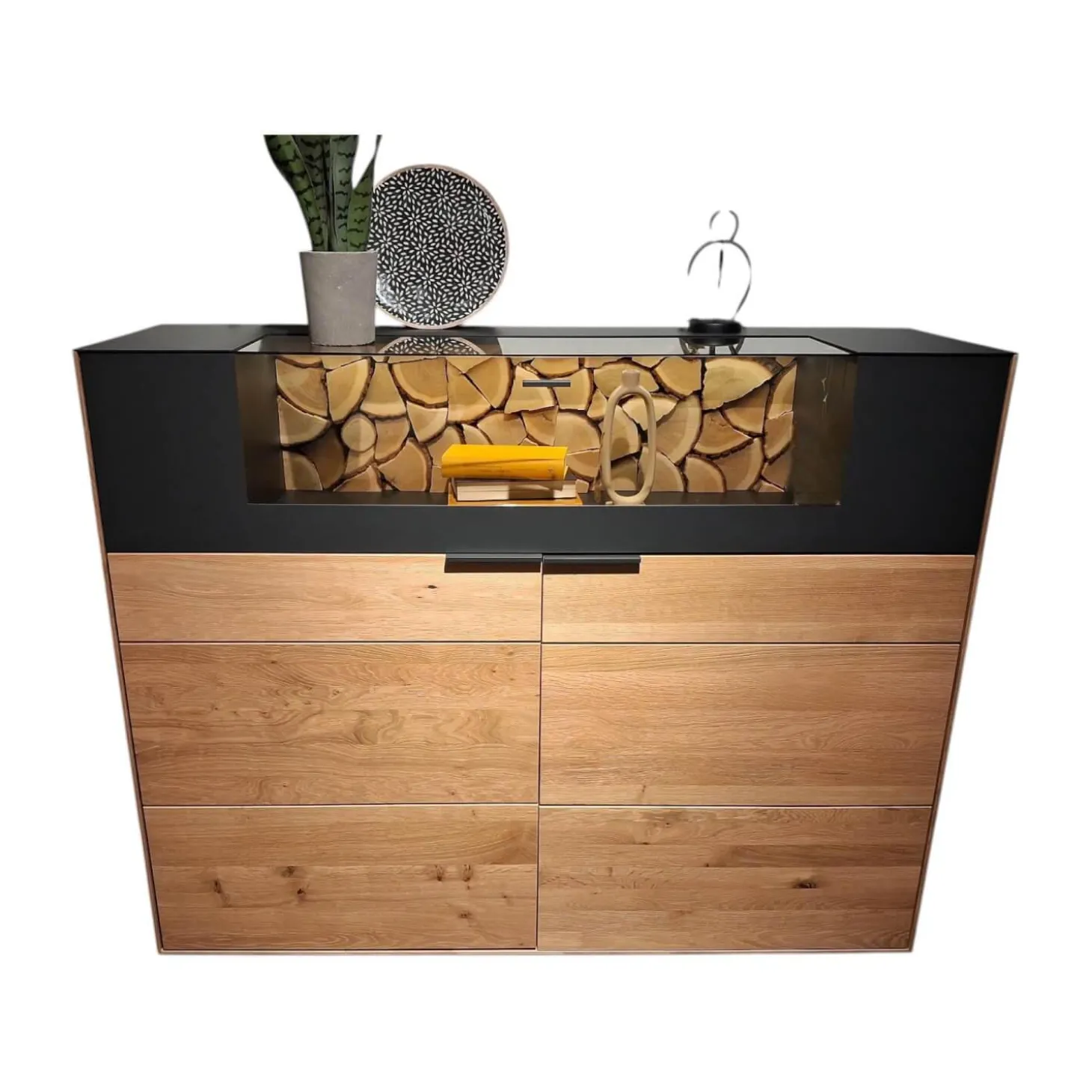 Highboard WM 2140 Wildeiche Massiv Soft Gebürstet Metallteile Carbonfarbig Strukturgepulvert Anthrazit