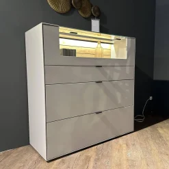 Highboard WM2380 Lack Samtgrau Wildeiche Massiv Soft Gebürstet Mit Glasausschnitt