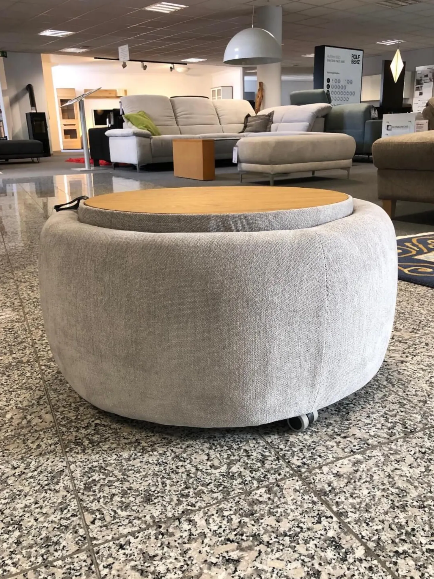 Hocker Circle Stoff Yeti Triton Hellgrau Eiche Natur Geölt