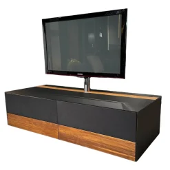 Home-Entertainment Raumteilerkorpus Mit TV-Säule Abdeckplatte Farbglas Schwarz Matt Nussbaum Natur Geölt