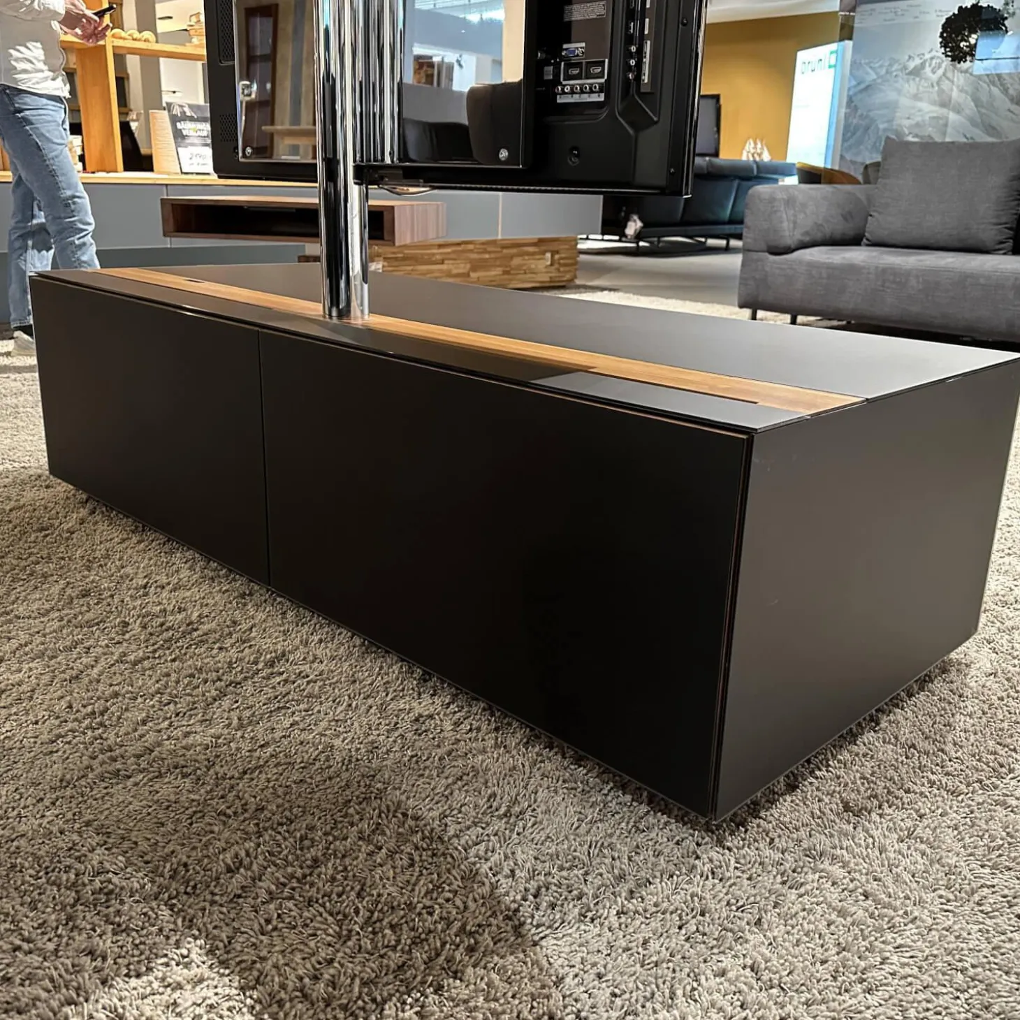 Home-Entertainment Raumteilerkorpus Mit TV-Säule Abdeckplatte Farbglas Schwarz Matt Nussbaum Natur Geölt