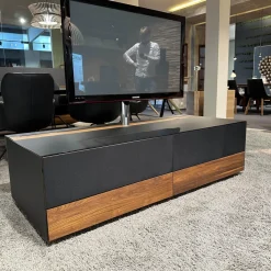 Home-Entertainment Raumteilerkorpus Mit TV-Säule Abdeckplatte Farbglas Schwarz Matt Nussbaum Natur Geölt