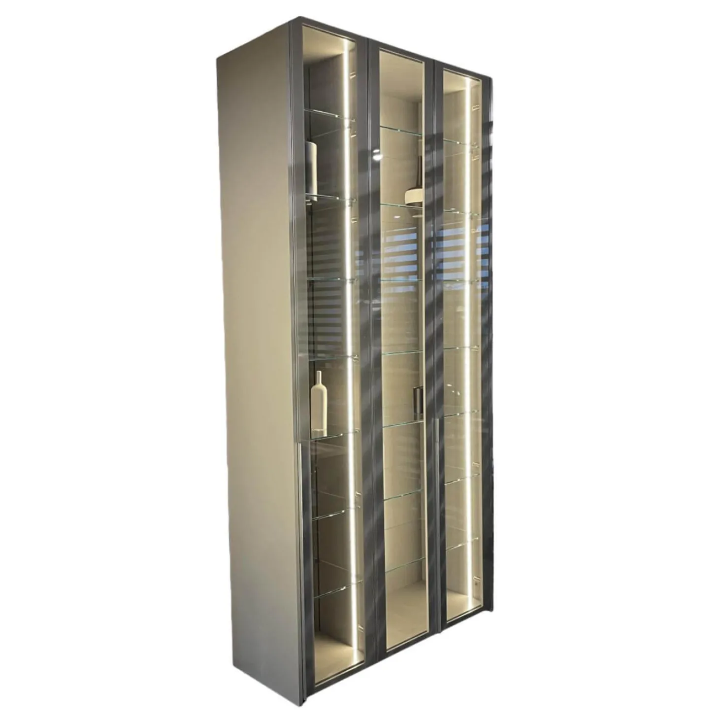 Kleiderschrank Garderobe Collect Korpus Mattlack Flintgrau Paneele Eiche Natur mkit Beleuchtung Schrankelemente Glas Drehtüren Glaseinlegeböden Garderobenelement mit Spiegel