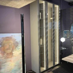 Kleiderschrank Garderobe Collect Korpus Mattlack Flintgrau Paneele Eiche Natur mkit Beleuchtung Schrankelemente Glas Drehtüren Glaseinlegeböden Garderobenelement mit Spiegel