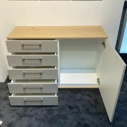 Kombikommode Daisy Korpus Wildeiche Front Lack Taupe Grau Weiß Griffe Nickel Matt