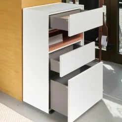 Kommode Cube Light Spanplatte Mattlack Schneeweiß Guave Abdeckplatte Glas