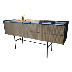 Konsole Sino Front Eiche Rillenoptik Gestell Rundrohr Schwarz Lackiert Abdeckplatte Keramik Marquina Schwarz