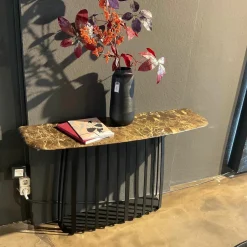 Konsoltisch Basket Platte Stein Emperador Braun Gestell Stahl Tiefschwarz Pulverbeschichtet