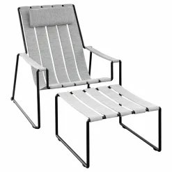 Liegestuhl Strappy Textile Natural Silver Dot Silber Gestell Edelstahl Anthrazit Beschichtet Inklusive Hocker