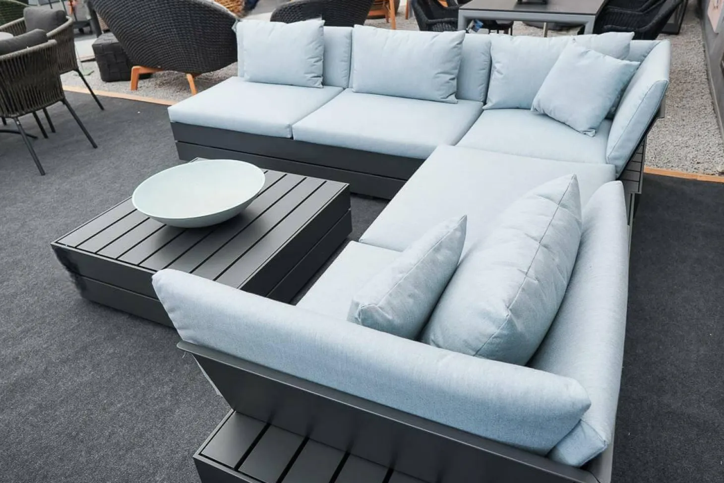 Loungegruppe Boxx Polster Stoff Bombay Deluxe Pastel Blue Blau Gestell Aluminium Anthrazit Inklusive Tisch
