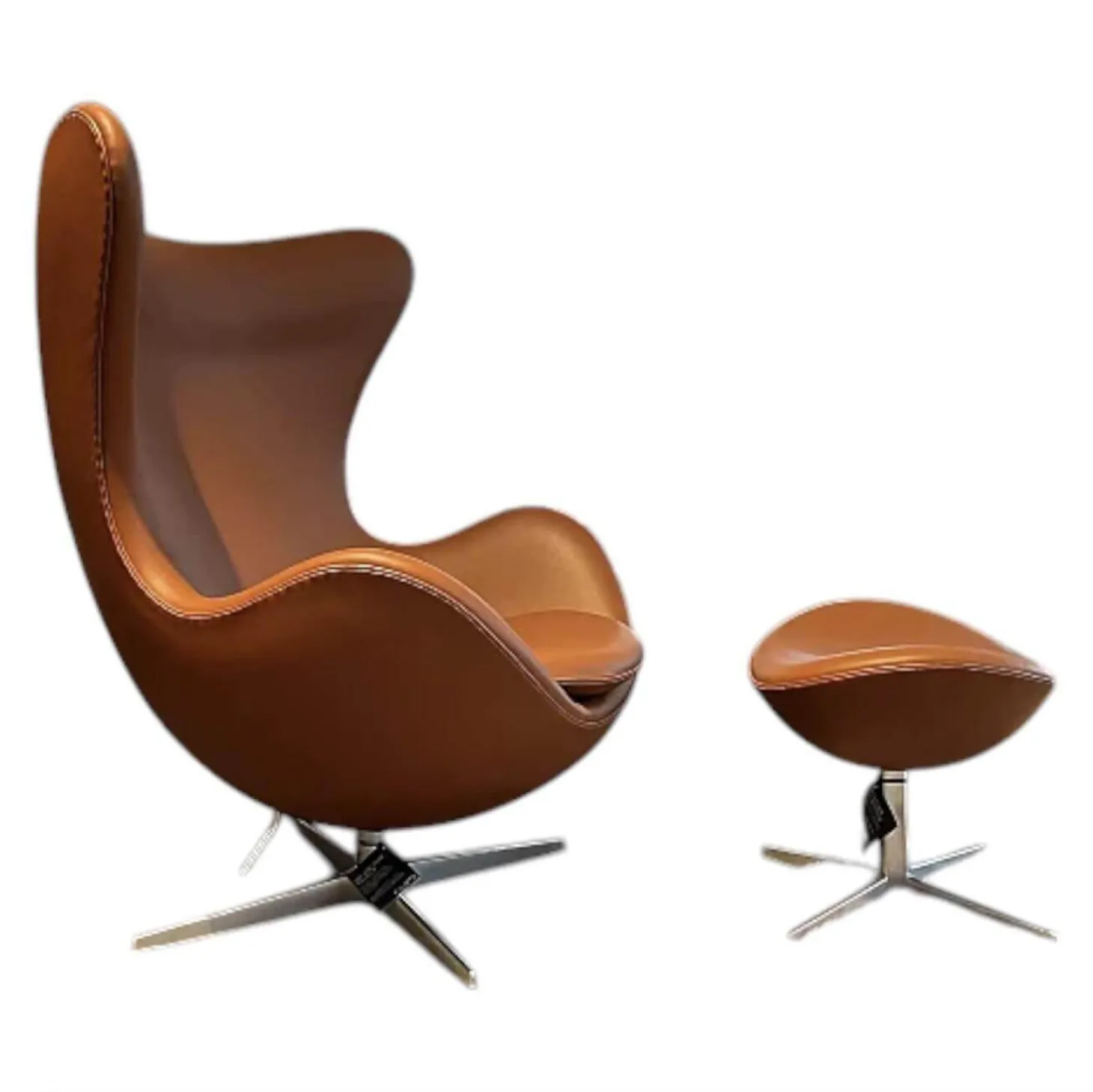 Loungesessel Ei Leder Essential Walnuss Braun Gestell Aluminium Gebürstet Mit Hocker