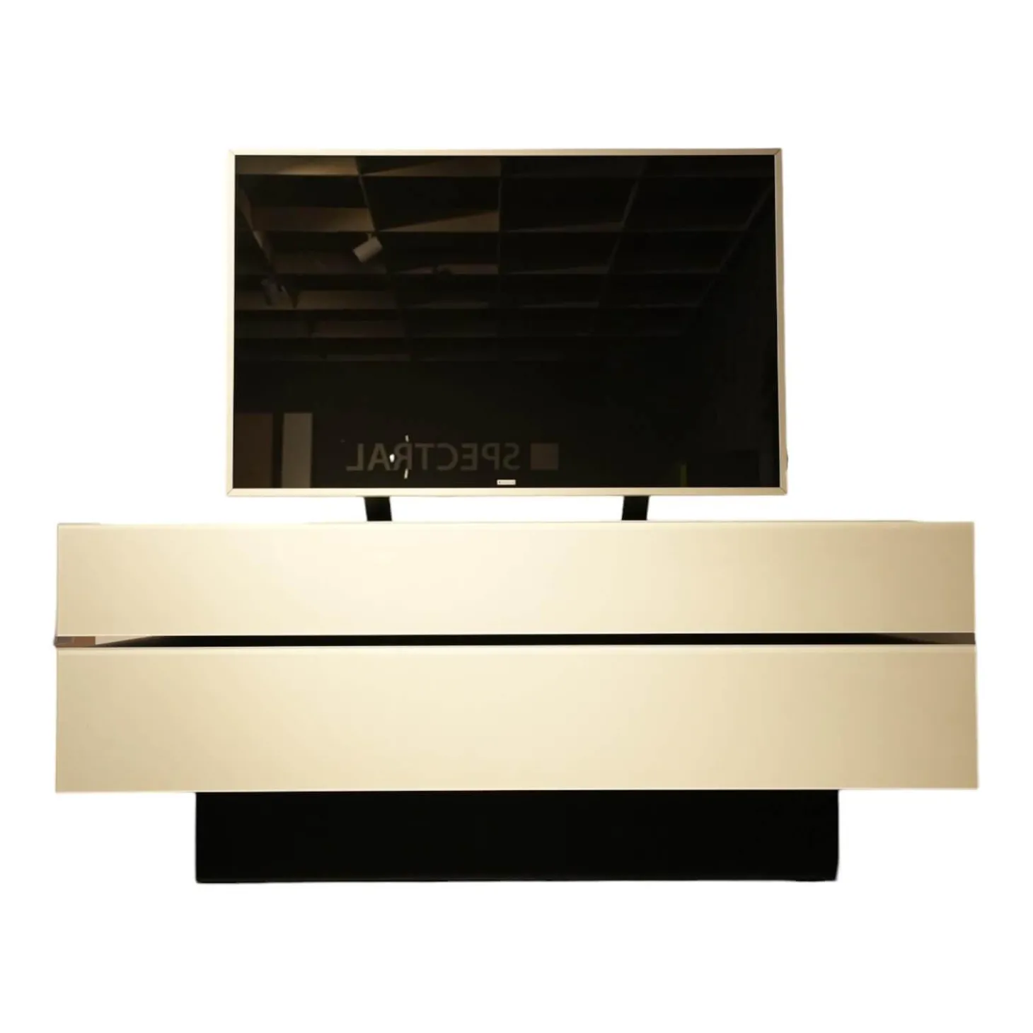 Lowboard BR 1503 Brick Glas Snow Weiß Lackiert Mit Soundsockel Und Lautsprecher Ohne Fernseher