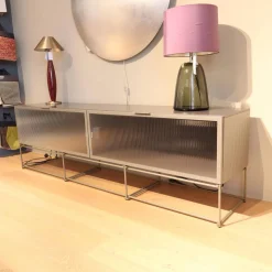 Lowboard Canaletto Klapptüren Klarglas K5 Korpus Lack Bleigrau Seidenmatt Grau