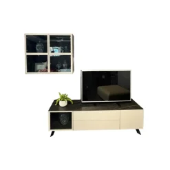 Lowboard Mit Hängeschrank Gloss Curves Lack Kristallgrau Grau Füße Metall Schwarz