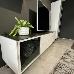 Lowboard Mit Hängeschrank Gloss Curves Lack Kristallgrau Grau Füße Metall Schwarz