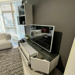 Lowboard Mit Hängeschrank Gloss Curves Lack Kristallgrau Grau Füße Metall Schwarz