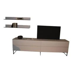 Lowboard mit Wandpaneelen WK 418 Zola Platte Glas Lackiert 407 Front Glattlack Steingrau Kufe Schwarz