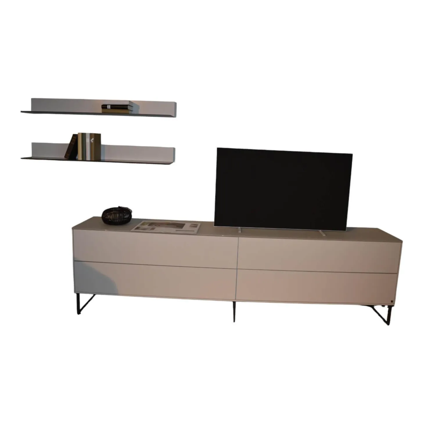 Lowboard mit Wandpaneelen WK 418 Zola Platte Glas Lackiert 407 Front Glattlack Steingrau Kufe Schwarz