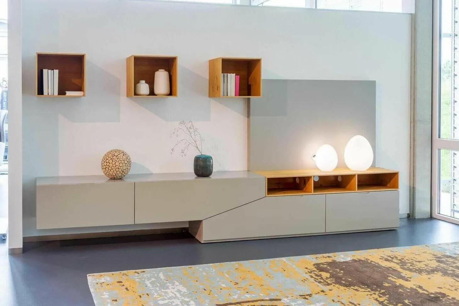 Moderne Wohnwand Kombination Lack Grau Asteiche Natur