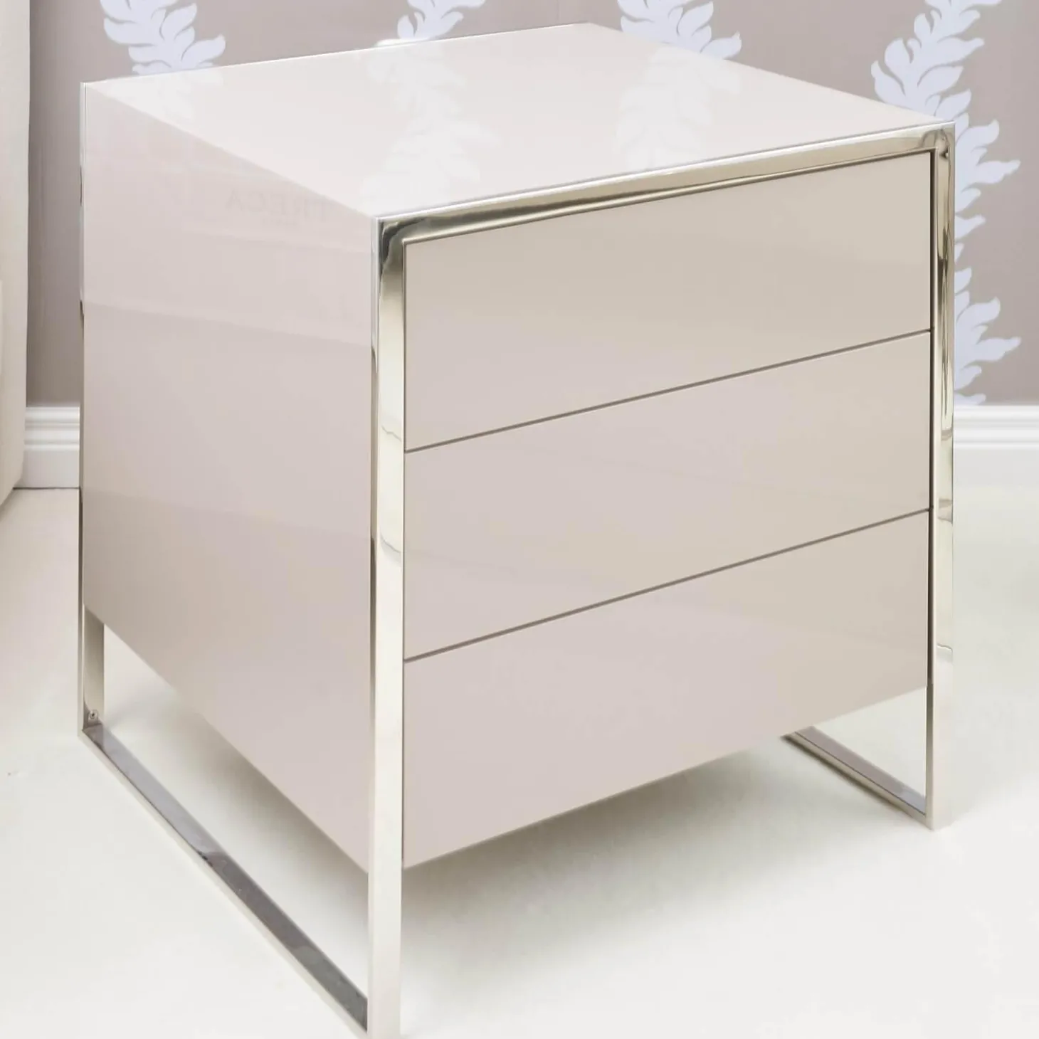 Nachttisch Smart Pantex Taupe Gestell Edelstahl Poliert