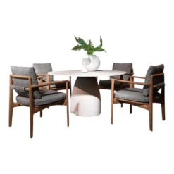 Outdoor Essgruppe Magnolia Stuhl Stoff Bris Taupe Grau Gestell Iroko Natural Tisch Monolith Cementoskin Creme Weiß