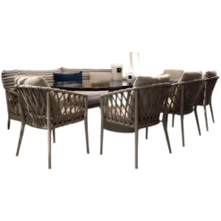 Outdoor Gruppe Allure Tisch Steinzeug Ozeanblau Gestell Zement Grau Sitzbank Und Stuhl Erica Geflecht Und Gestell Tortora Grau