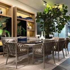 Outdoor Gruppe Allure Tisch Steinzeug Ozeanblau Gestell Zement Grau Sitzbank Und Stuhl Erica Geflecht Und Gestell Tortora Grau