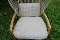 Outdoor Loungesessel Fern Rücken Gewebt Seil White Dune Weiß Hellgrau Gestell Teakholz Kissen Stoff Wave Buff Hellfrau Weiß