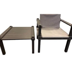 Outdoor Sessel Farmer Stoff Mittelgrau Gestell Und Füße Massivholz Schwarz Geölt Mit Hocker