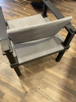 Outdoor Sessel Farmer Stoff Mittelgrau Gestell Und Füße Massivholz Schwarz Geölt Mit Hocker