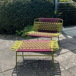Outdoor Sessel Telar Geflecht 1A Weave Bordeaux Rot Und Verde Grün Gestell Stahl Verde Grün Mit Hocker
